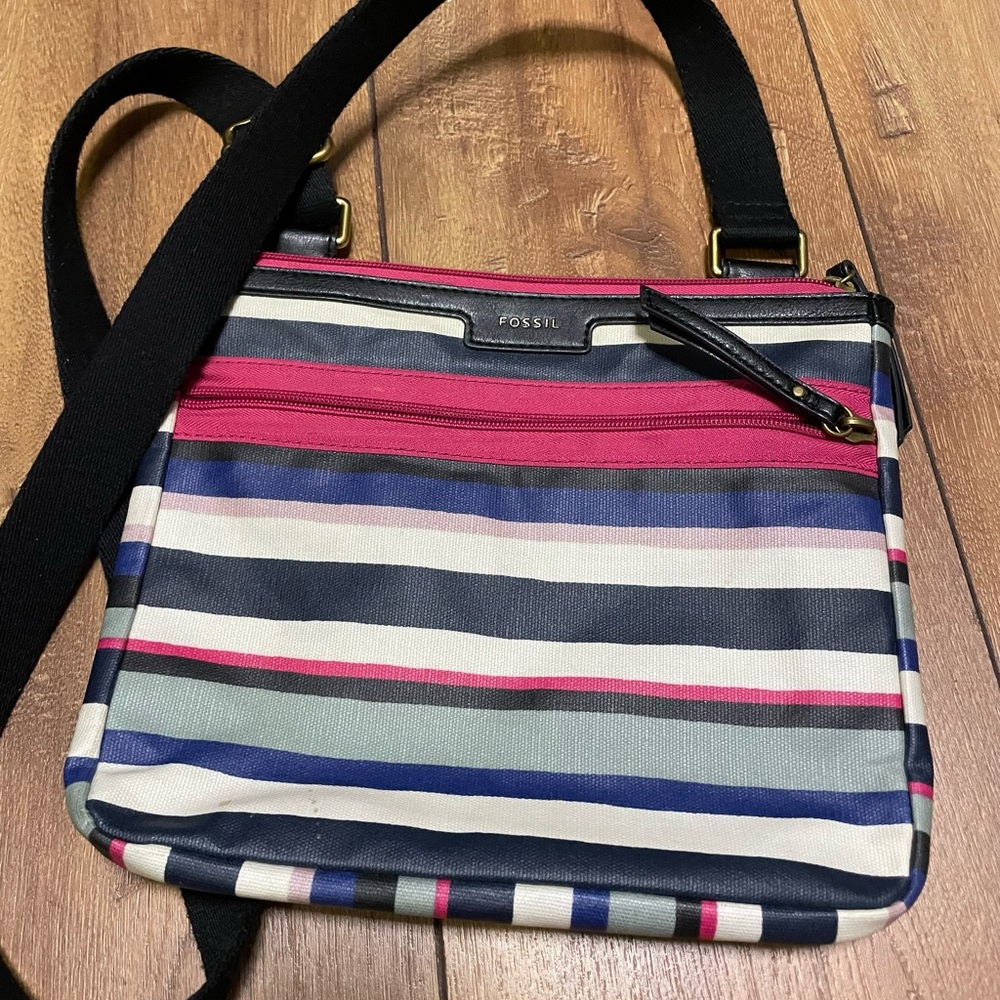 Fossil Pink and Blue Crossbody Bag with Modern Stripes